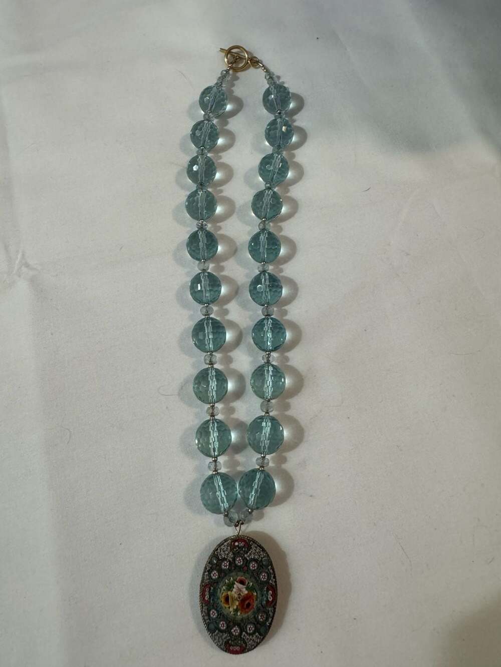 Vintage Italian Micro Mosaic Floral Pendant Necklace with Faceted Blue Glass Bea